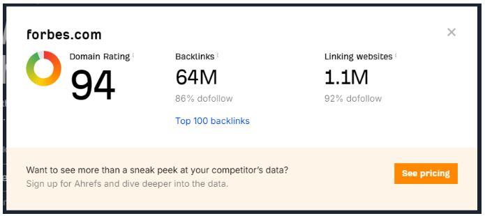 Ahrefs DR checker example for Forbes