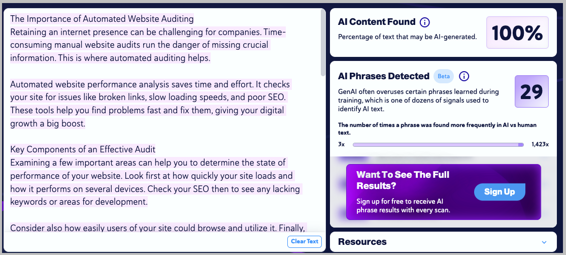 AI content detected in The HOTH article - copyleaks