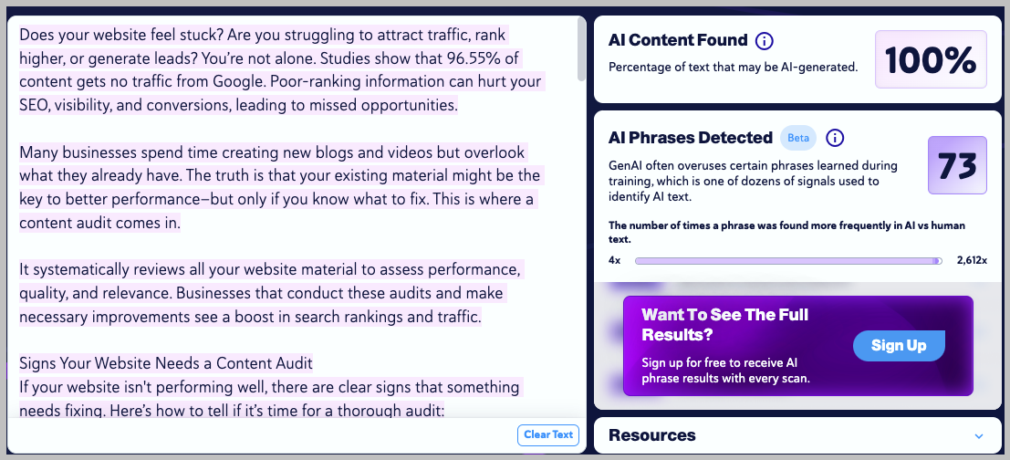 Copyleaks AI detector on Outreach Monks link article